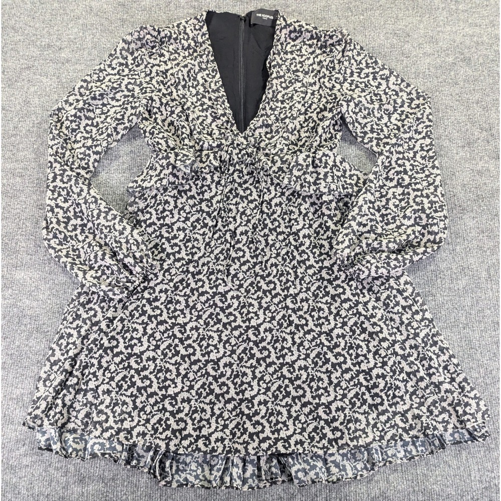 The Kooples Paris Black White Floral V-Neck Ruffle Mini Dress FR0B19178K Size 1